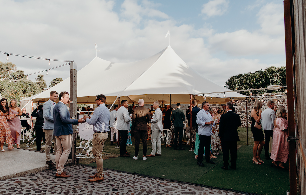 Marquee wedding in the courtyard at Oak & Anchor Hotel, Port Fairy